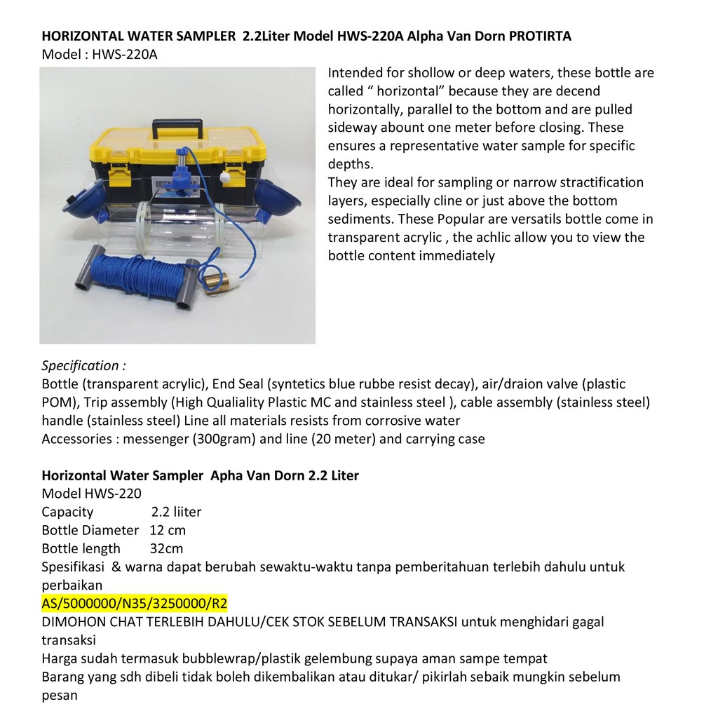 Jual HORIZONTAL WATER SAMPLER 2.2Liter Model HWS-220A Alpha Van Dorn ...