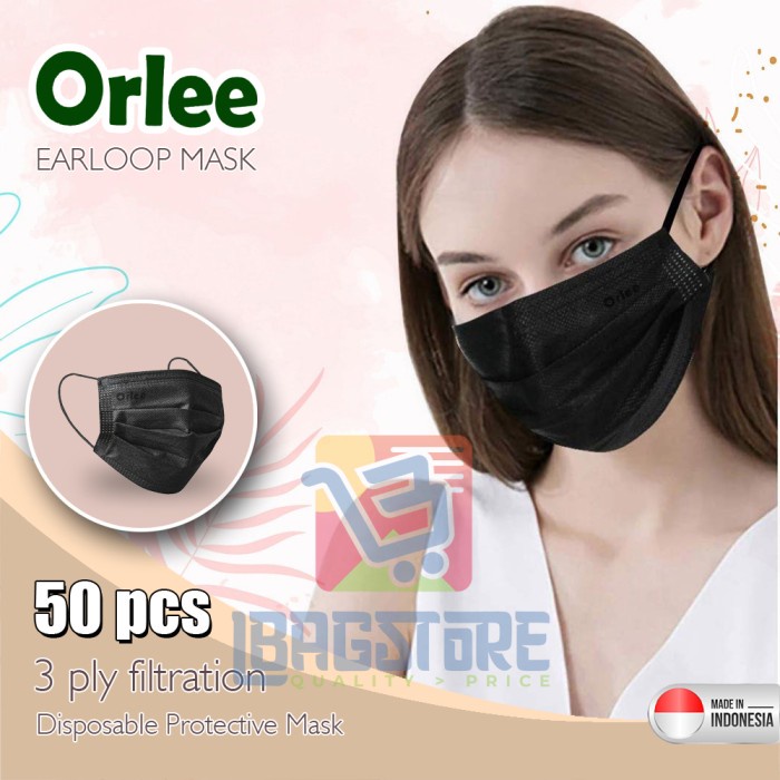 Jual Masker 3 Ply Hitam Full Black Orlee Medis 3ply Earloop Kemenkes 50 ...