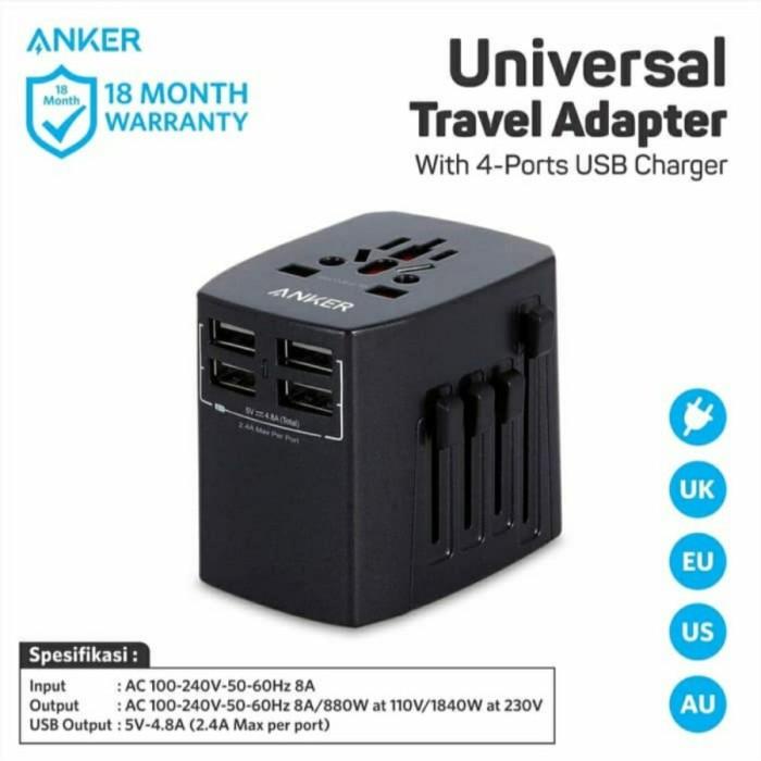 Jual Wall Charger ANKER Universal Travel Adaptor with 4 USB Ports ...