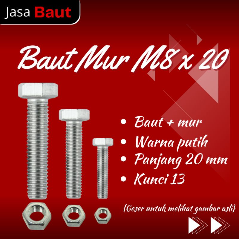 Jual Baut Mur M8 X 20 Kunci 13 | M8x20 | Baut Putih Galvanis | Shopee ...