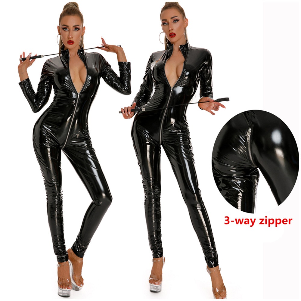 Jual Preorder Hot Sexy Women Faux Leather Catsuit Wetlook Latex Bodysuit 3way Zipper Open Crotch 6449