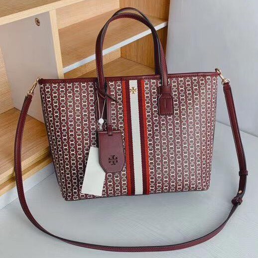 Tas TORY BURCH Gemini Link Canvas Tote Royal Burgundy ORIGINAL PABRIK Pundak Selempang Tali panjang