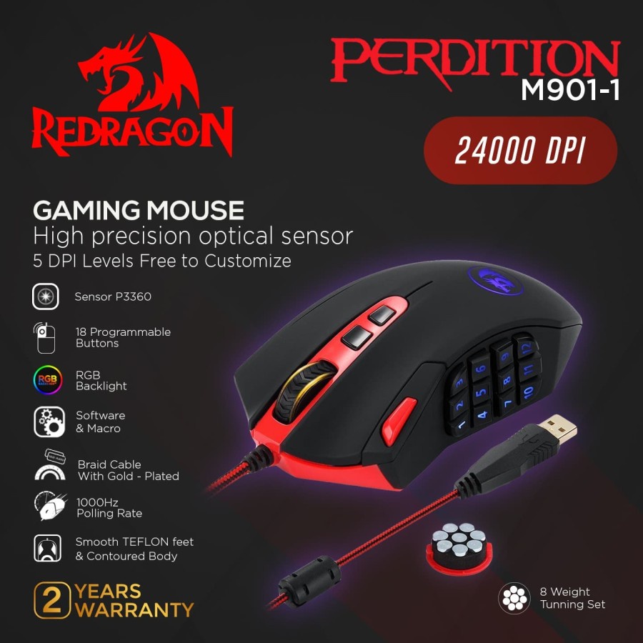 Jual Redragon M901 Perdition 24000DPI MMO Mouse LED RGB Wired Gaming ...