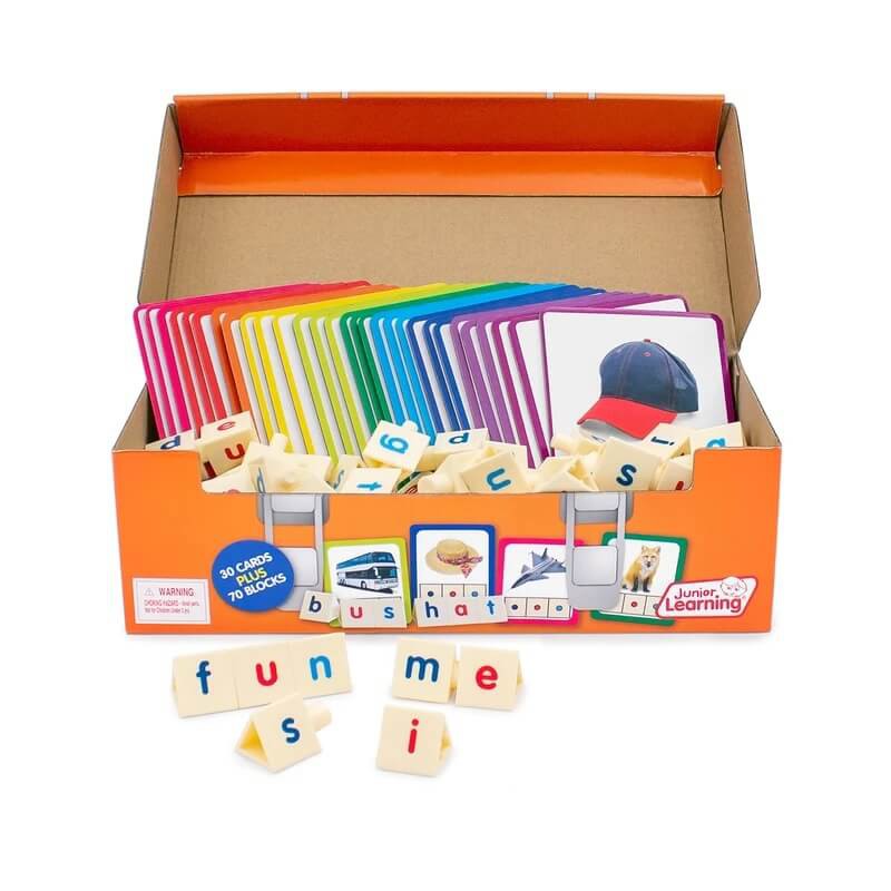 Junior Learning CVC Toolbox - Phonics Word Building Kit With Tri-Blocks & Picture Cards
