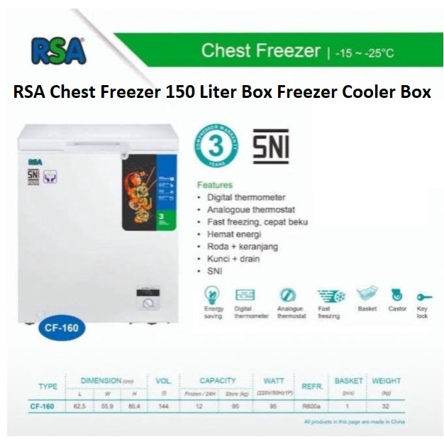 Jual RSA Chest Freezer 150 Liter Box Freezer CF 160 CF160 Cooler Box