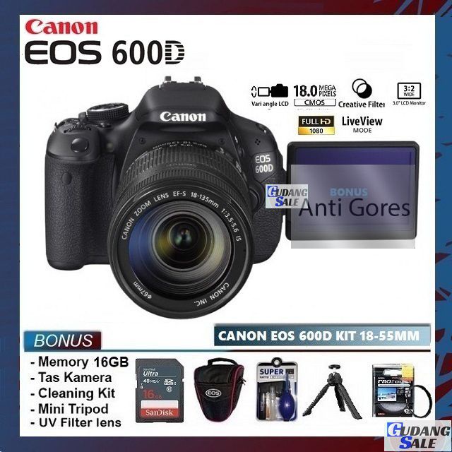 Jual [NEW] KAMERA CANON EOS 600D + LENSA KIT 1855MM IS GARANSI 1