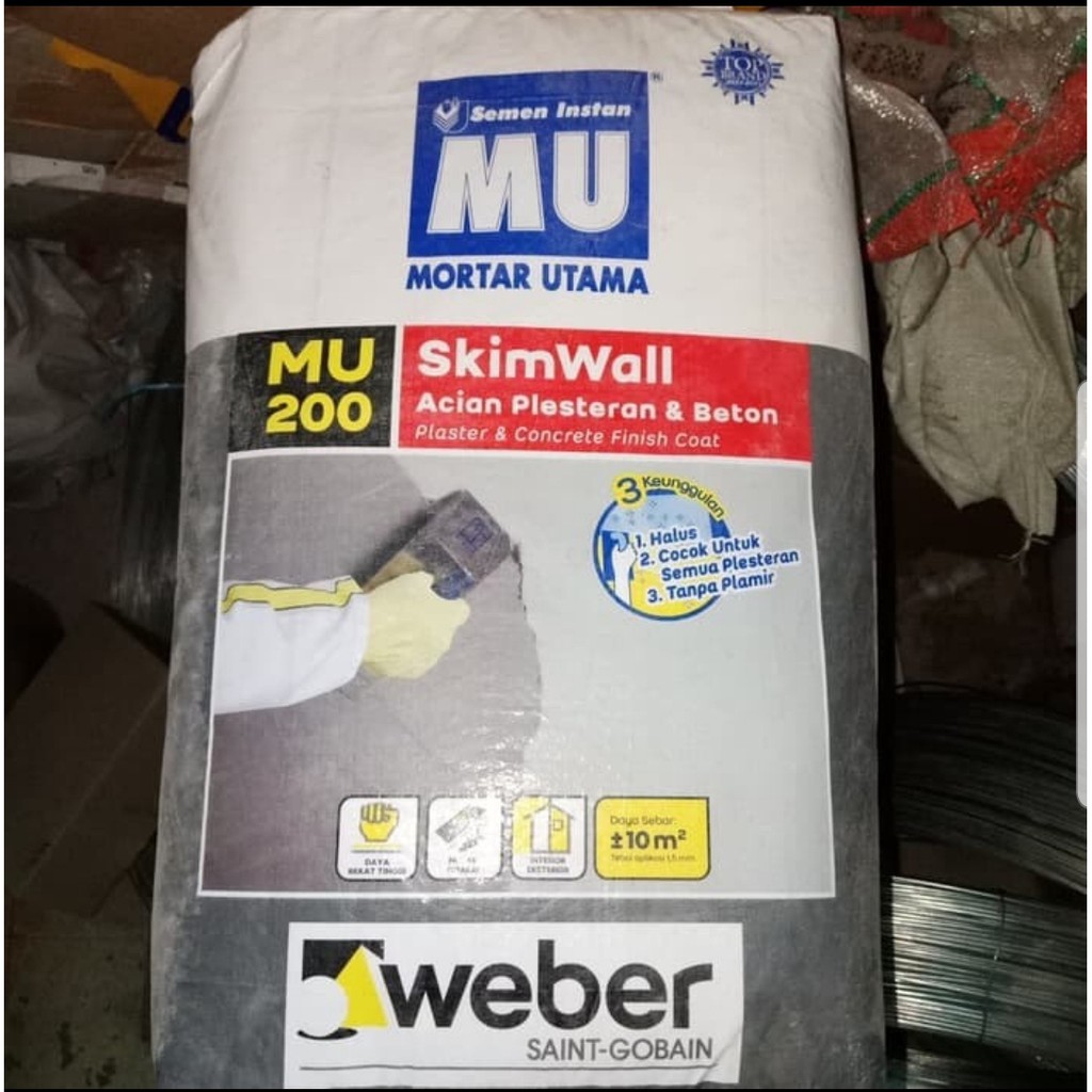 Semen Mortar Utama Skim Wall 40kg/ MU200 Acian Plesteran beton/ MU 200 Per  1 sak 40 kg