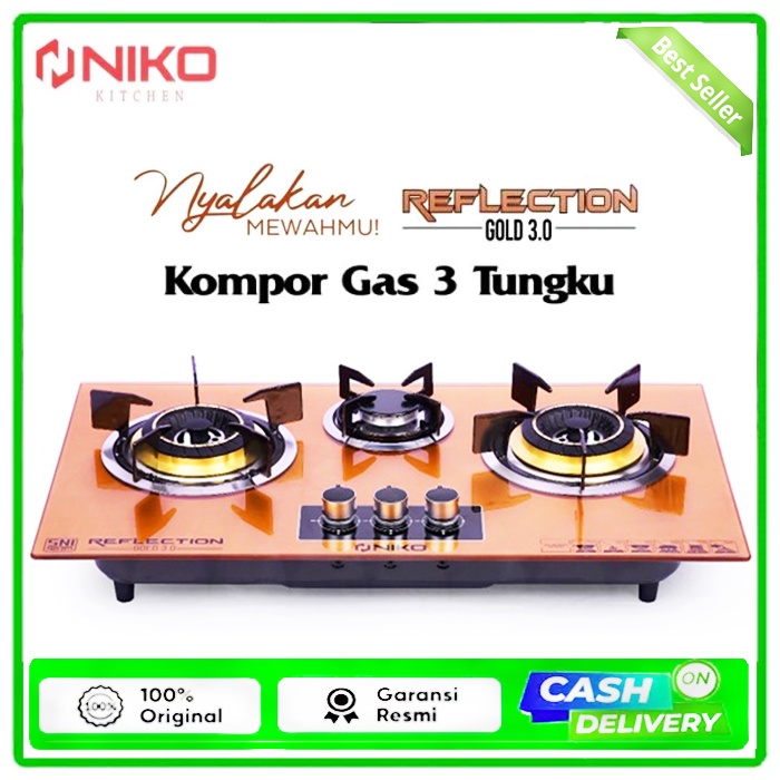 Jual Kompor Gas Kaca Tungku Niko Reflection Gold Desain Mewah