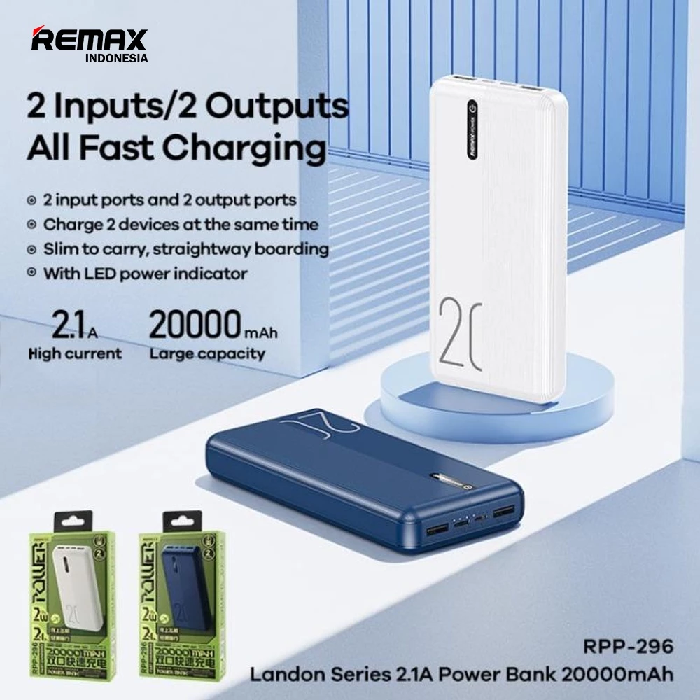 Remax Powerbank 2,1A 20000mAh Flight Friendly 2USB Port Lamp Indicator RPP-296