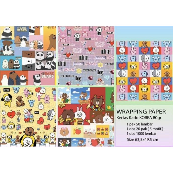 Jual Best Produk] Kertas Kado Bt21 Bts Black Pink Line Bare Bears Sisi