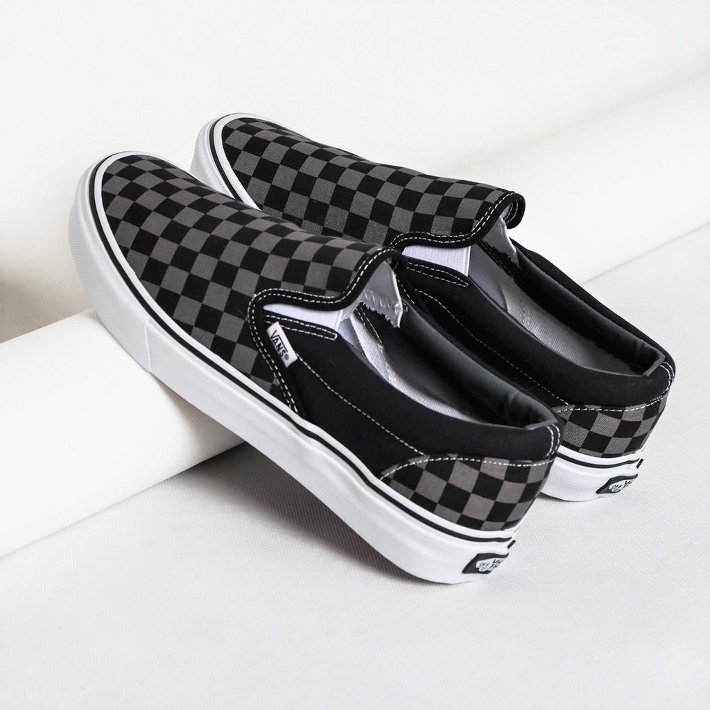 vans checkerboard slip on pewter