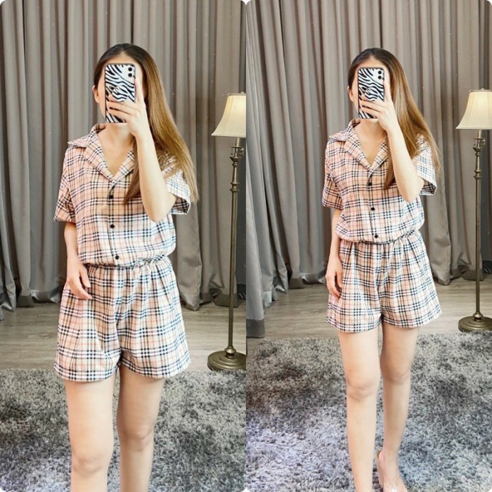 Jual Suitjumplay Jumpsuit Pendek Wanita Motif Kotak ( K1280