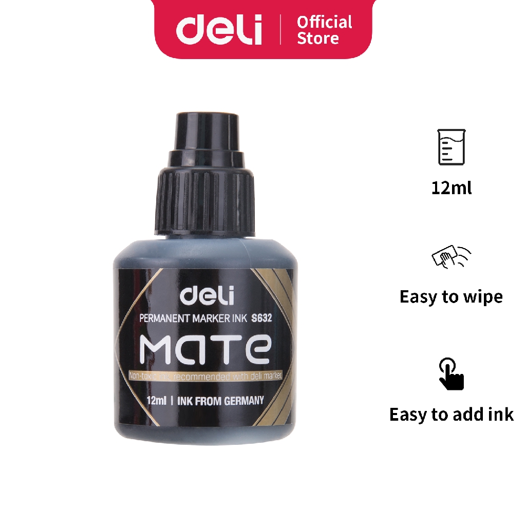 Deli Isi ulang tinta Spidol Permanen [12 mL] - Hitam Merah Biru Cepat Kering tahan air ES632 (3)