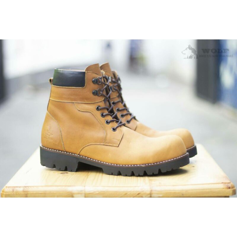 Jual Sepatu Boots Kulit Safety Pria Wolf Boston Original Tan Brown Ujung Sepatu Ada Besi