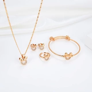 Hyl Jewelry 5pcs Kalung Set Anak Titanium Anti Karat Asli Perak Set Anting-Anting Berlapis Emas Couple Gelang Gadis Lucu Minnie Hadiah Ulang Tahun Set Perhiasan 35s