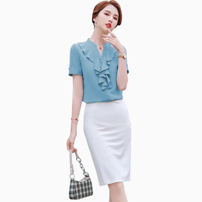 Jual Kemeja Leher V Lengan pendek gaya korea variasi rampel di leher