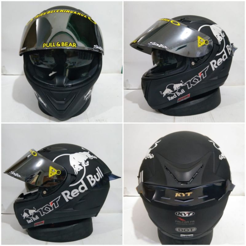 Jual helm KYT falcon black doff paket stiker Red bull + spoiler + visor