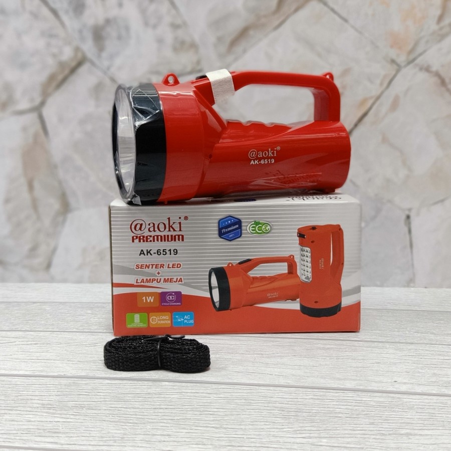 Jual Lampu senter Jumbo + emergency light LED AOKI ak6519 Rechargable / Senter LED yang tahan