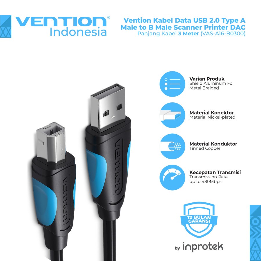 Jual Vention Kabel Data USB 2.0 Type A Male to B Male Scanner Printer ...