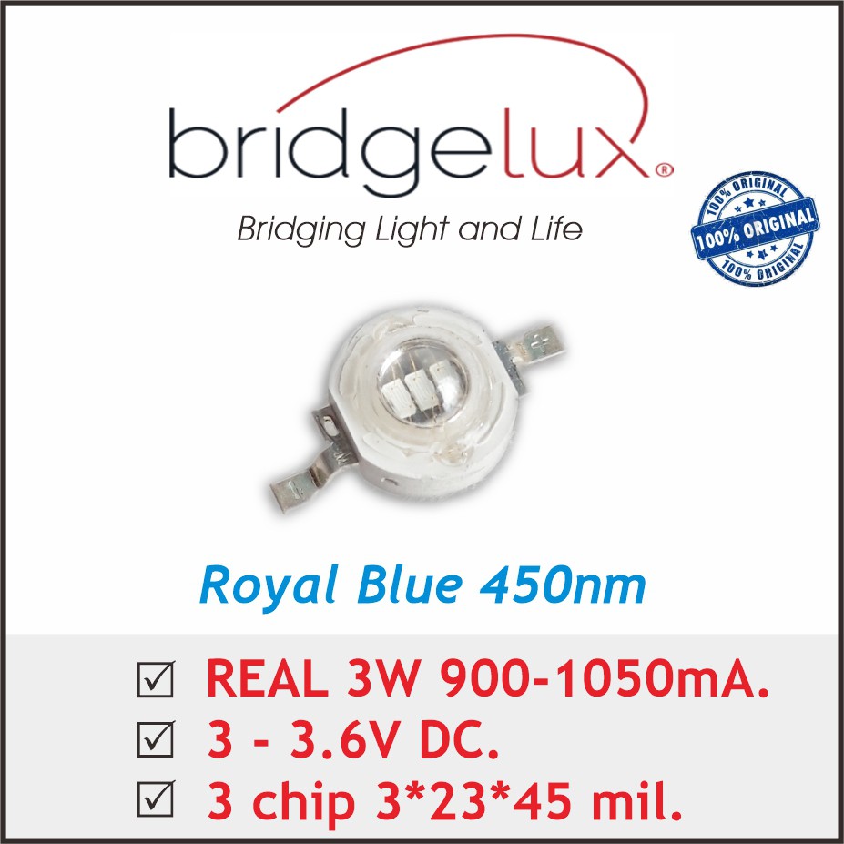 Jual LED HPL 3W Real 3 Chip 1050mA Biru Royal Blue 450nm Bridgelux ...