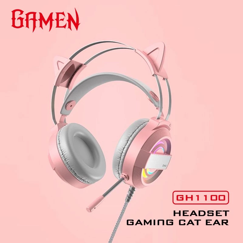 GAMEN Headset Gaming USB GH1100 Removable Cat Ear RGB Light 50mm Driver Mic 360° Adjustable Ergonomic Design Headphone