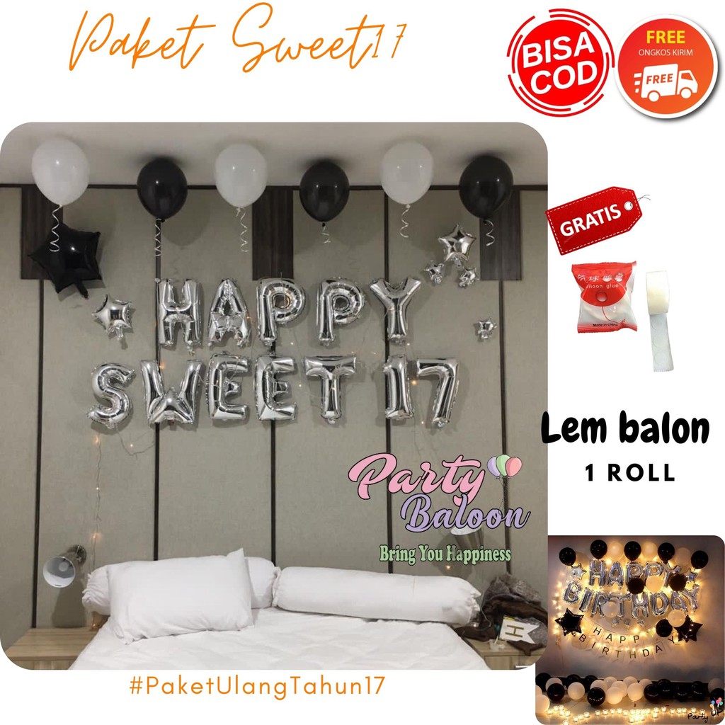 Jual Paket Dekorasi Ulang Tahun Hitam Putih set Balon sweet 17