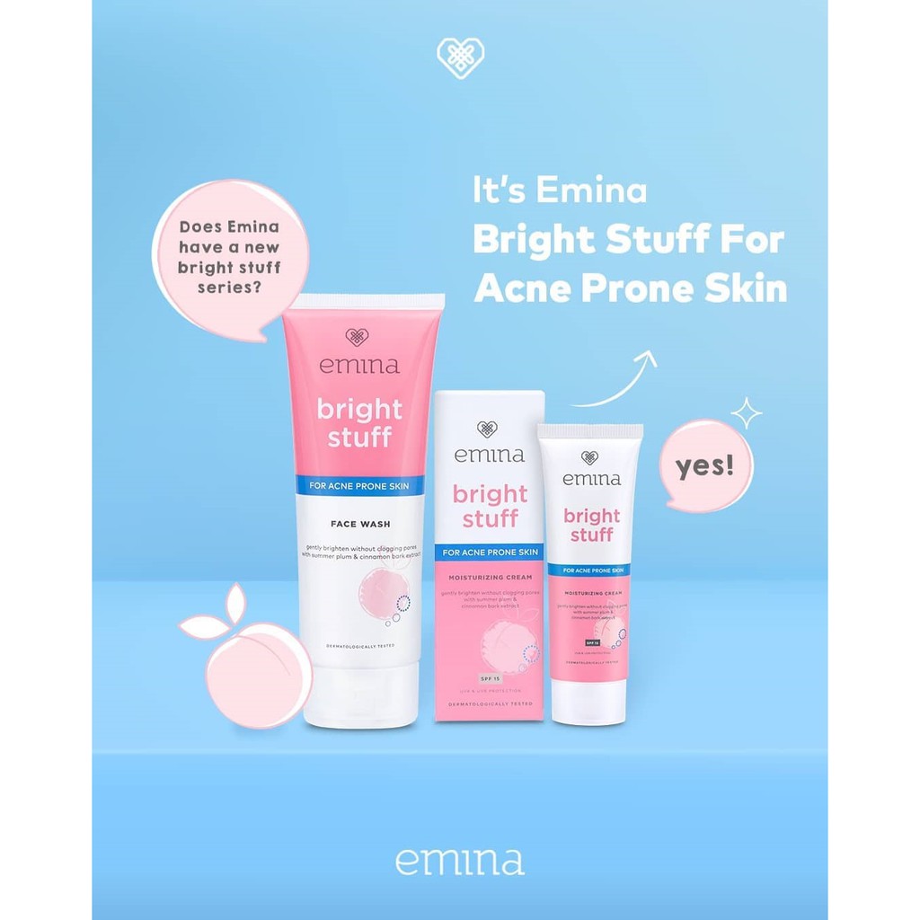 Jual EMINA Bright Stuff Series For Acne Prone Skin Face Wash 100 ml dan Moisturizing Cream 20 ml