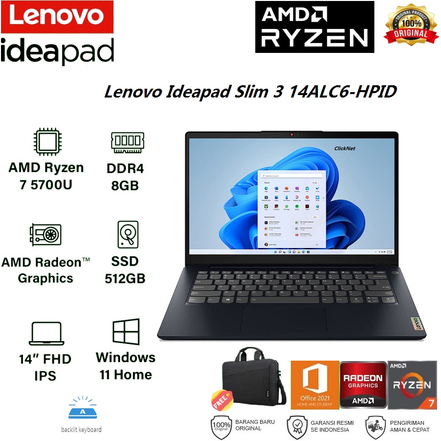 Jual LENOVO IDEAPAD 3 14ALC6 HPID AMD Ryzen 7-5700U 8GB 512GB SSD FHD ...