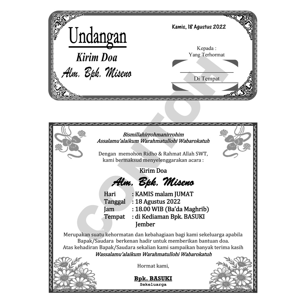 Jual PROMO....!!! Undangan Kenduri Kenduren, Tahlil, Kirim Doa