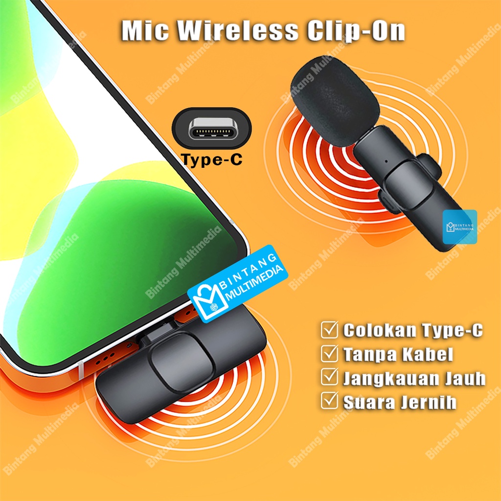 Mic Wireless Clip On Hp Laptop Type C Microphone Wireless Klip Tanpa Kabel Mikrofon Vlog Podcast Youtuber Jepit Mini Lavalier Mic Bluetooth Handphone