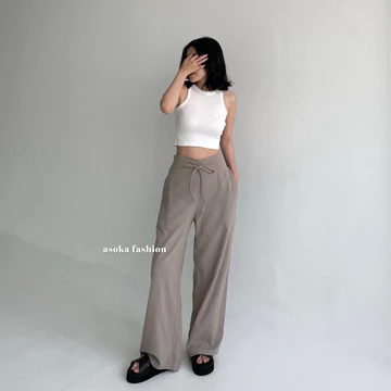 ASOKA Rachel Pants 2431 Celana Highwaist Tali Celana Linen Crinkle Kulot Casual
