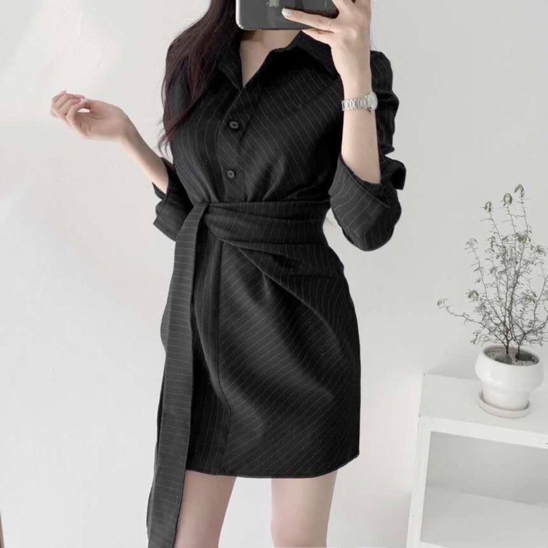 Jual Claire Dress Korean Stripe Collar Formal Work Office Kancing Busui ...