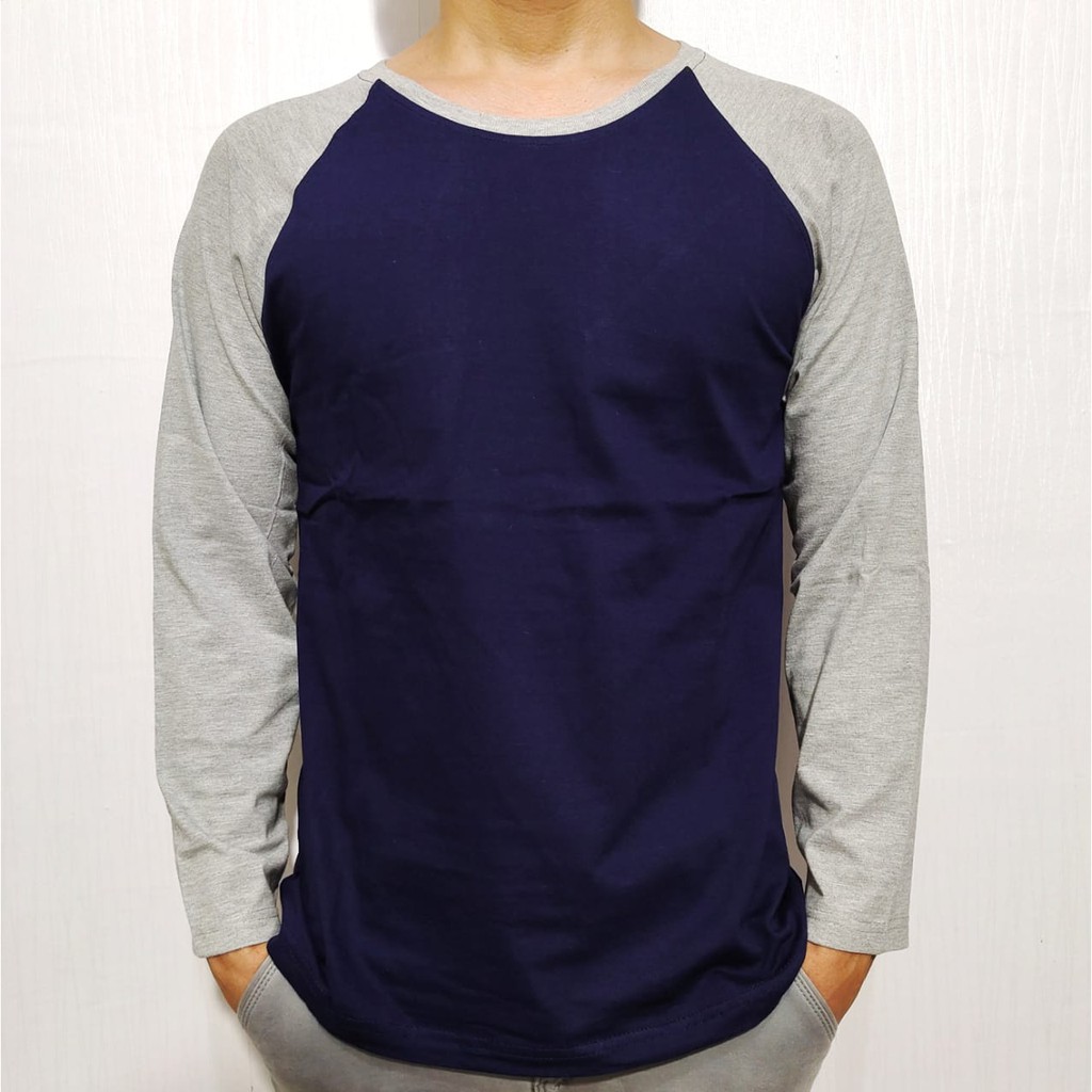 Jual Kaos polos reglan biru navy/dongker lengan abu misty panjang M L