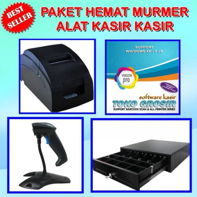 Jual Paket lengkap alat kasir printer barcode scan cashdrawer software