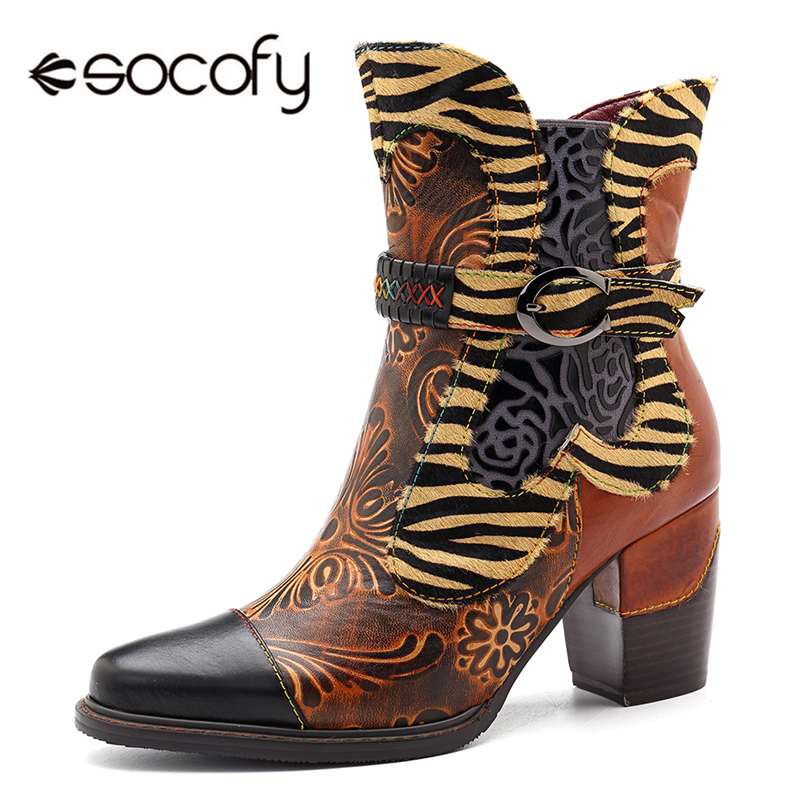 Jual sepatu Socofy Retro Printed Cowgirl Ankle Boots Women Winter Patchwork Horsehair Genuine Leather Shopee Indonesia