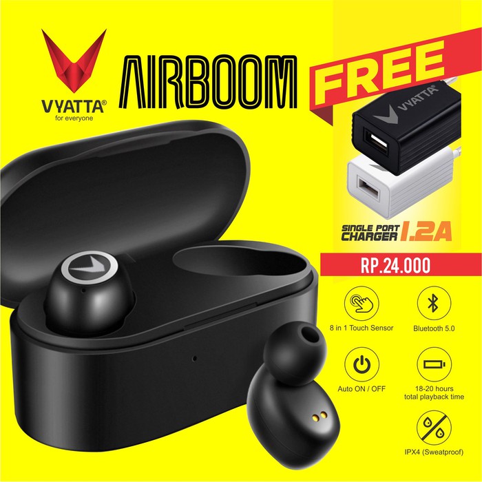 JUAL VYATTA AIRBOOM TWS BLUETOOTH EARPHONE HEADSET 5.0 TOUCH SENSOR MURAH