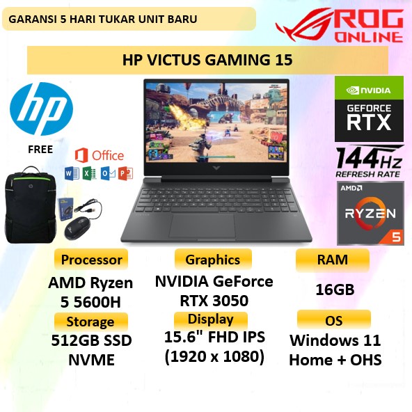 Jual LAPTOP GAMING HP VICTUS GAMING 15 FB0009AX RYZEN 5 5600H RAM 16GB ...