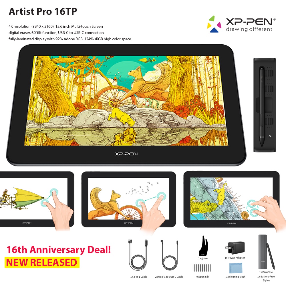 Jual XPPen Artist Pro 16TP 4K UHD Multi Touch Screen Drawing Pad