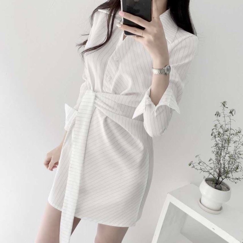 Jual Claire Dress Korean Stripe Collar Formal Work Office Kancing Busui ...