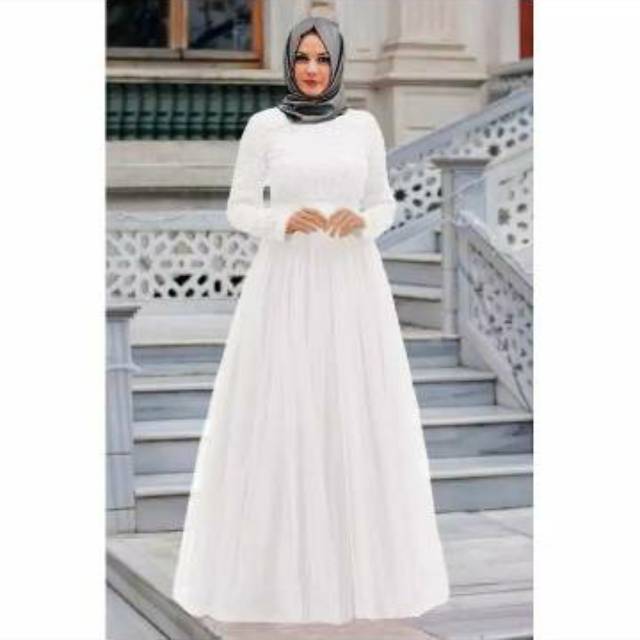 Jual Agnes Gamis Putih Wanita Gamis Pt Brukat Baju Muslim Wanita Busana