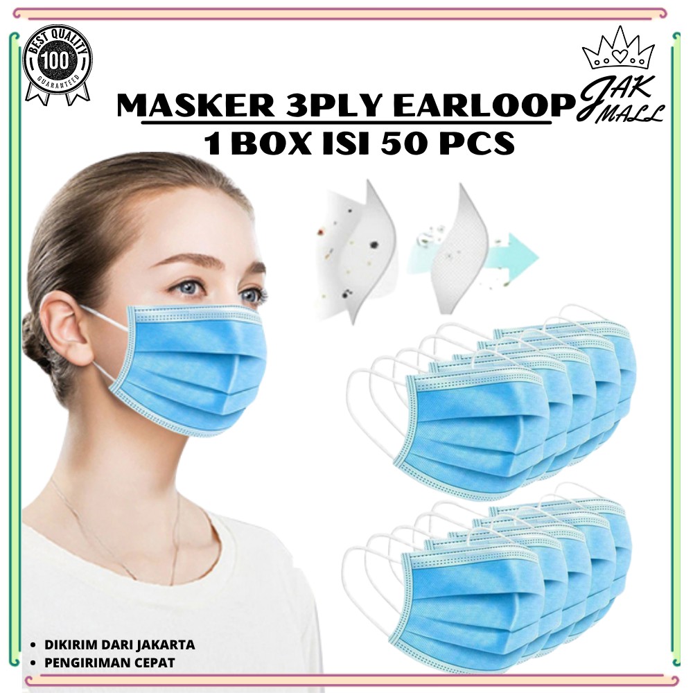 Jual Masker 3Ply Earloop Disposable Facemask Isi 50pcs | Shopee Indonesia