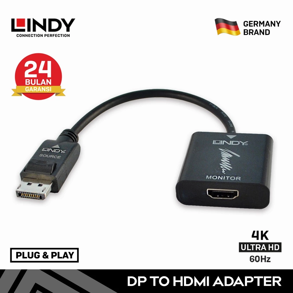 LINDY Converter DisplayPort to Hdmi Adapter DP 1.2 Male to Hdmi Female UHD Converter Adapter 41068