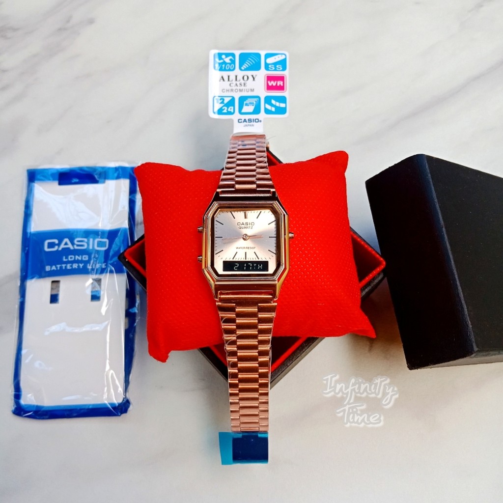 Jual Jam Tangan Wanita Casio AQ230 Cewek Analog Digital Dualtime Rantai