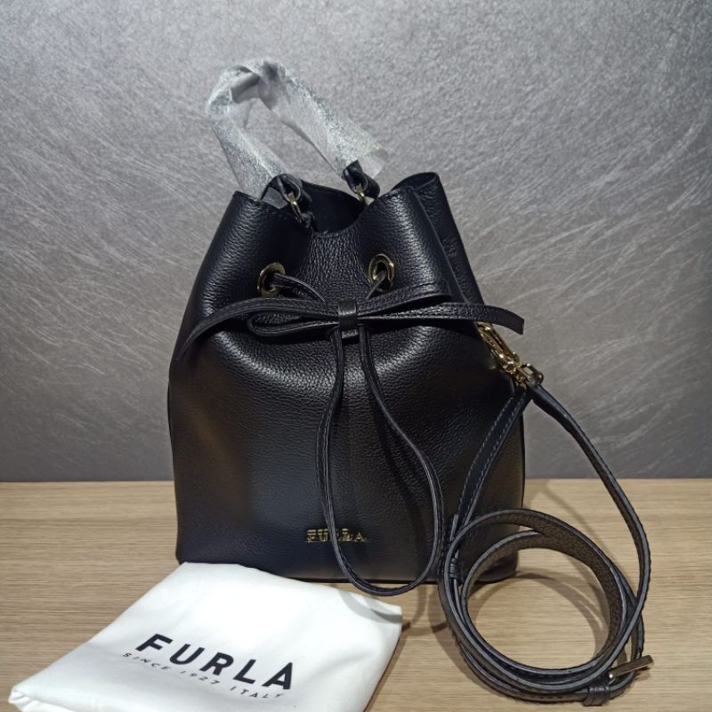 FURLA Black Pebbled Leather Medium Costanza Bucket Drawstring Tote Bag