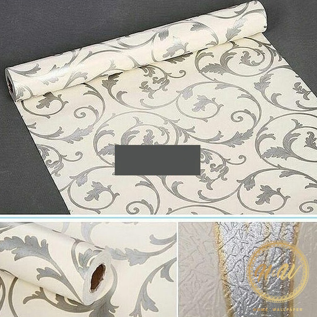 Jual Wallpaper Dinding Stiker Motif Bunga Kembang Silver Ukuran 45cm