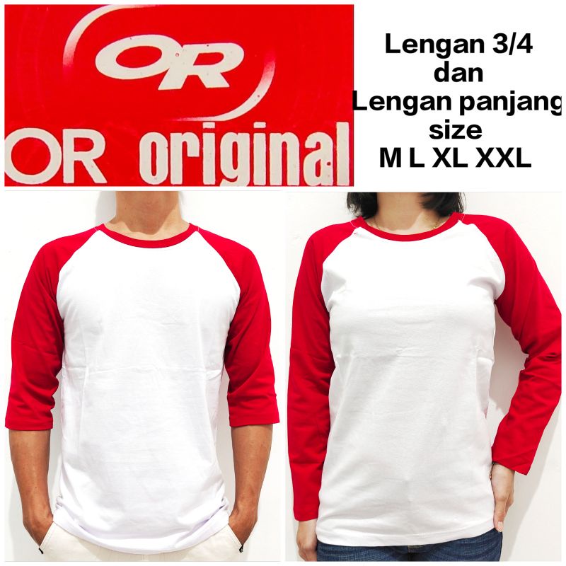 Jual Merah putih Kaos polos Raglan putih lengan merah 3/4 dan panjang