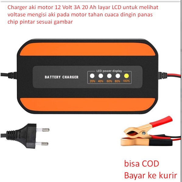Jual Charger aki motor 12 Volt 3A 20 Ah layar LCD untuk melihat voltase