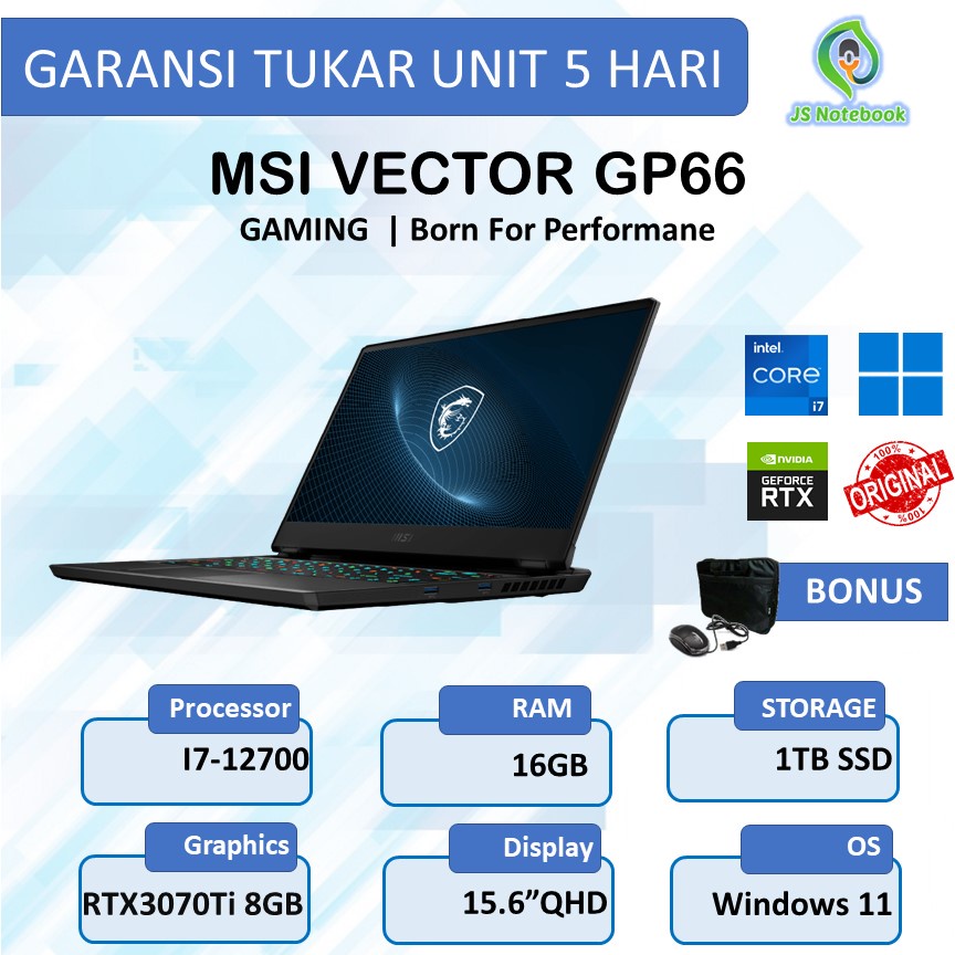 Jual MSI VECTOR GP66 I7 12700H 16GB 1TBSSD RTX3070TI 8GB W11 15.6QHD ...