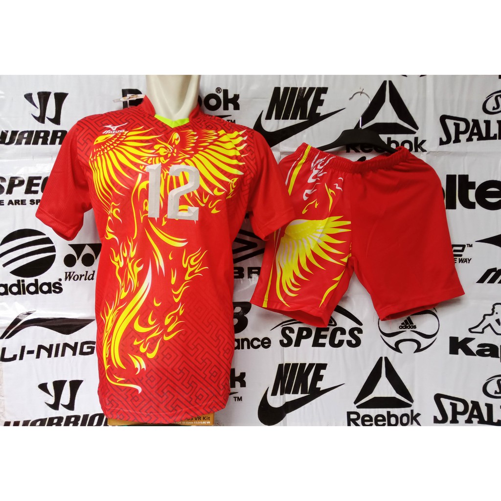 Setelan kostum Jersey Futsal Sepak Bola Volly Mizuno Garuda Merah List Kuning Printing Murah Grosir