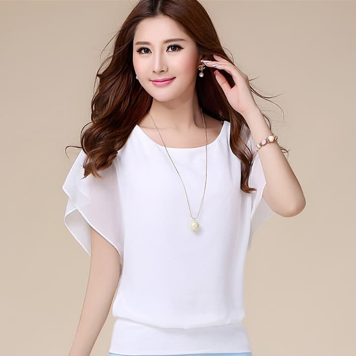 Jual Blus Sifon Model Korea Wing Putih Blouse Atasan Wanita Blus Korean ...